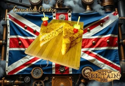 Coronation Chicken sandwich with Little Britain Pub badge