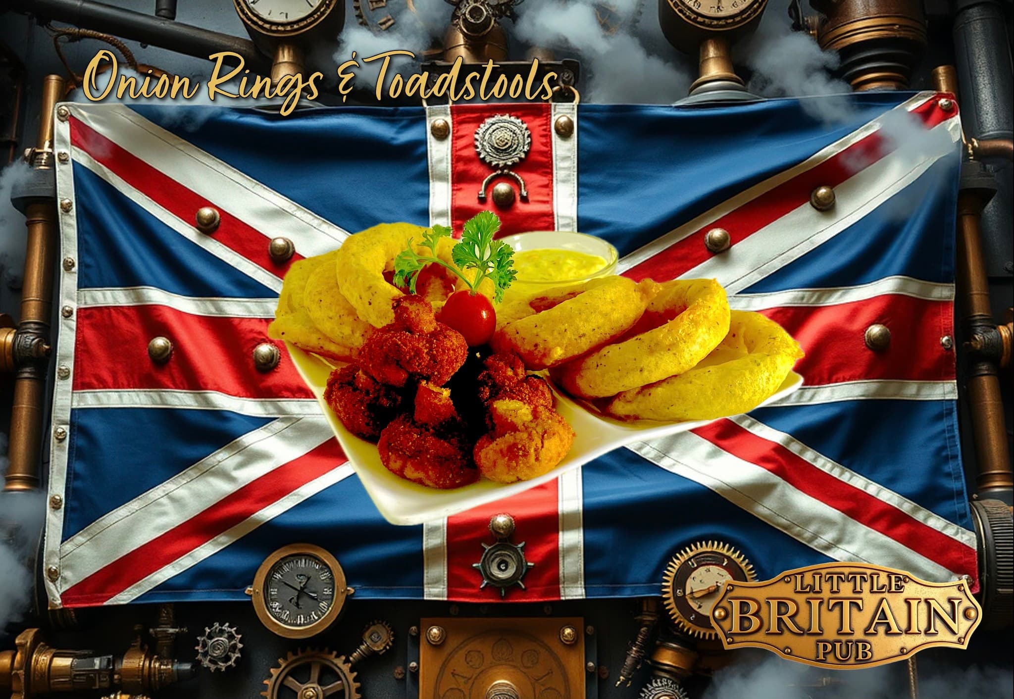 Onion Rings and Toadstools served over a Union Jack Little Britain Pub backdrop